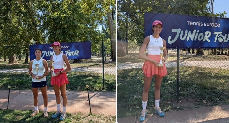 Eva Iancu, semifinalistă la simplu și campioană la dublu la turneul internațional Neotel Open U16, alături de trofeul câștigat.