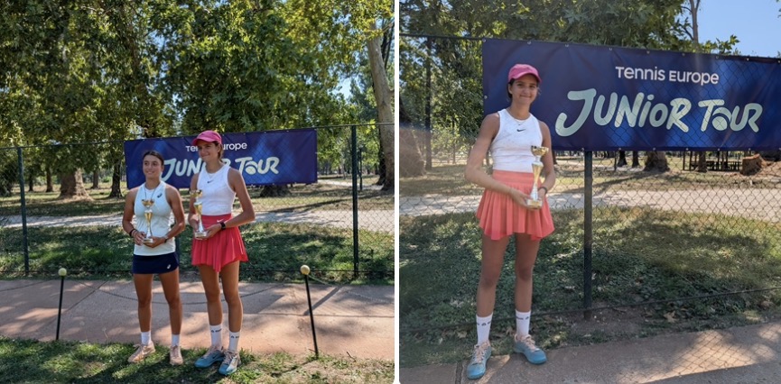 Eva Iancu, semifinalistă la simplu și campioană la dublu la turneul internațional Neotel Open U16, alături de trofeul câștigat.